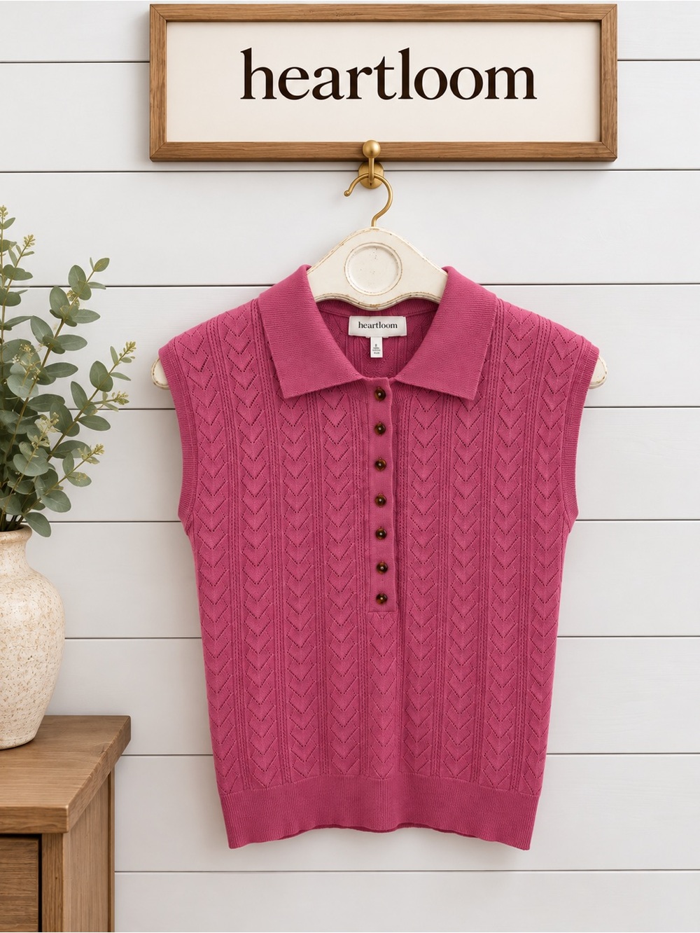 Heartloom Sleeveless Pointelle Knit Polo Top – Pink – Size S